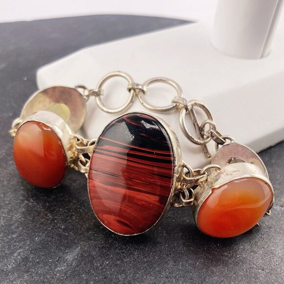 VINTAGE Sterling silver, fluorite, red obsidian, & possibly carnelian bracelet - Picture 5 of 12